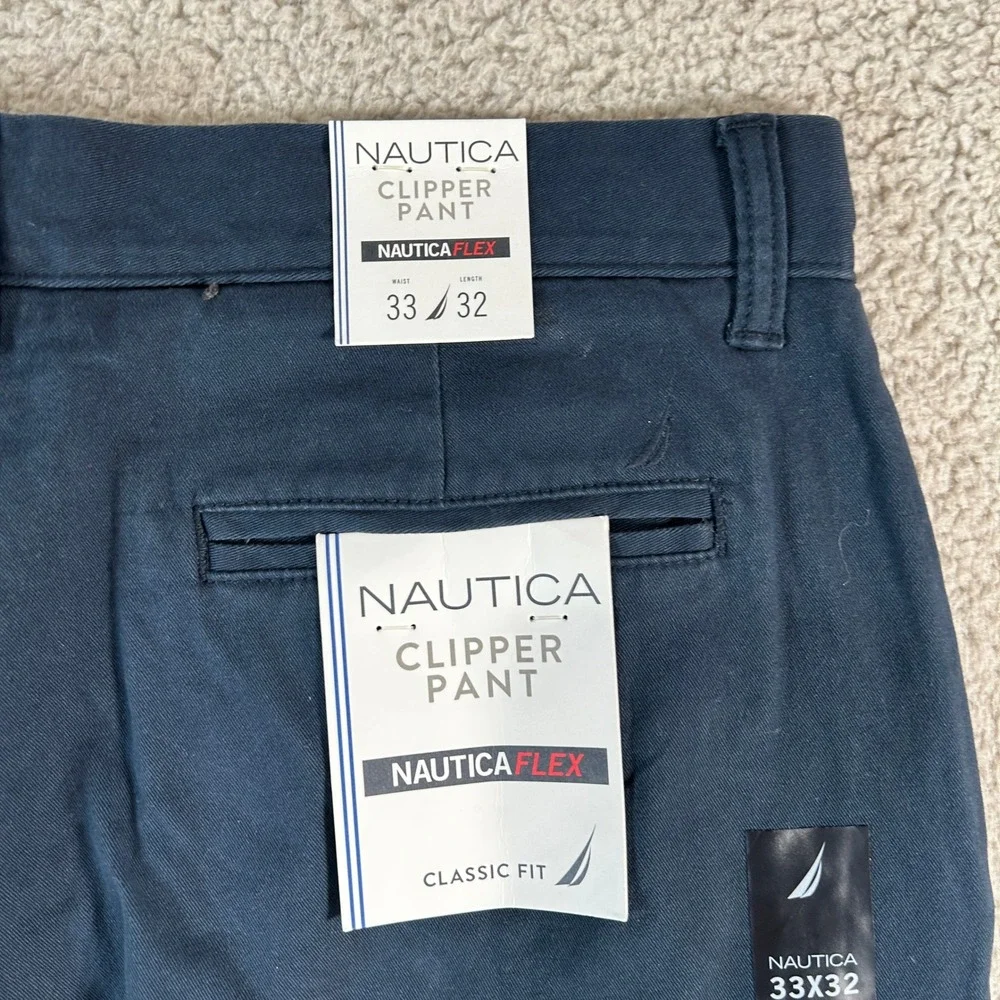 Nautica‎ Mens Classic Fit Flat Front Chino Pants Navy Blue Size 33W x 32L
